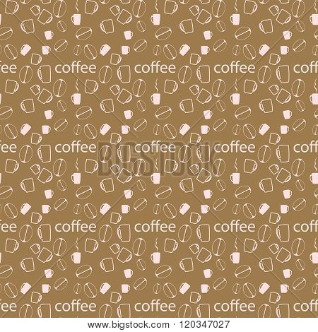 Seamless background with coffee beans and cups. Vector illustration.