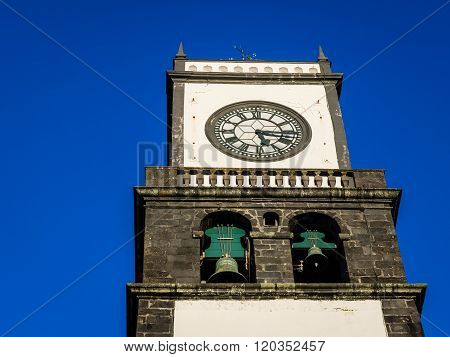 Clock tower of Church of San Sebastian at Ponta Delgada in Ponta Delgada, Sao Miguel Island, Azores, Portugal