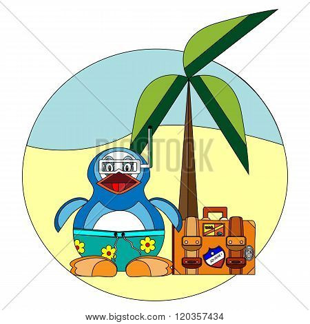 outlined vector illustration of a funny penguin in hawaiian trunks with swimming mask with suitcase next to it