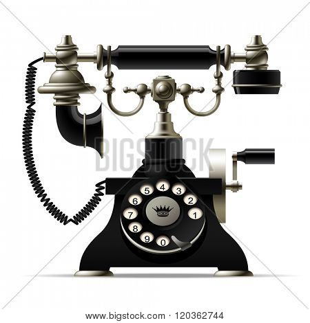 Old telephone isolated on white. Retro rotary dial black phone. Contain the Clipping Path