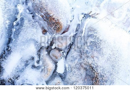 transparent ice with air bubbles and stones