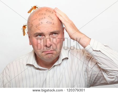 Hairless man with sucking mosquitos on his head. Mosquito is dangerous vehicle of zika, dengue, chikungunya, malaria and other infections. Digital artwork on healthcare theme.
