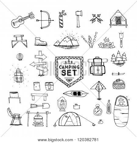 Hand drawn camping, hiking or mountain climbing icons set. Travel and adventure collection. Vector illustration. Objects isolated on white.