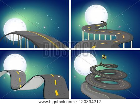 Four night scenes of empty roads illustration