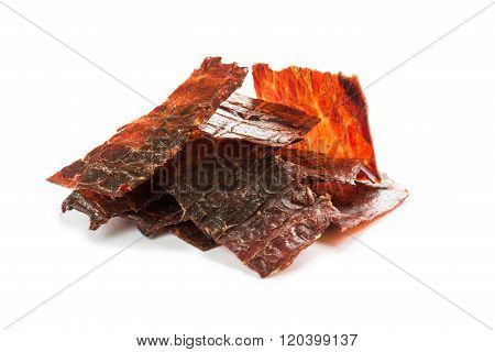 Beef Jerky Isolated On A White Studio Background