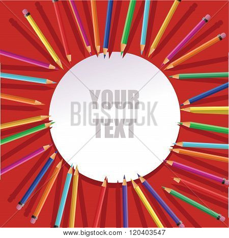 vector Color pencils with round frame on red background