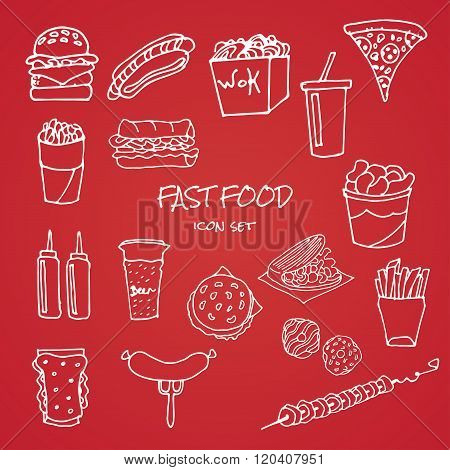 vector set of hand drawn fast food icons on red background
