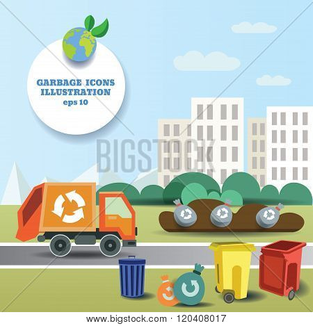 illustration of garbage transportation to dump near the city and icon collection