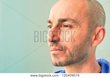 Male Model In Pensive Mood - Thoughtful Caucasian Guy Looking Away - Middle Age Man With Serious Con