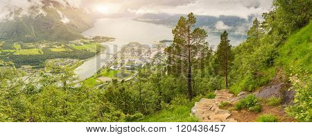 Panoramic view on Andalsnes City, Mountain Landscape and Fjord View, Rauma Municipality in More og Romsdal county, Norway. 