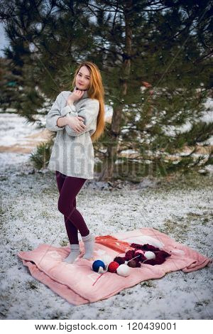 Funny Hipster Girl in Knitted Sweater