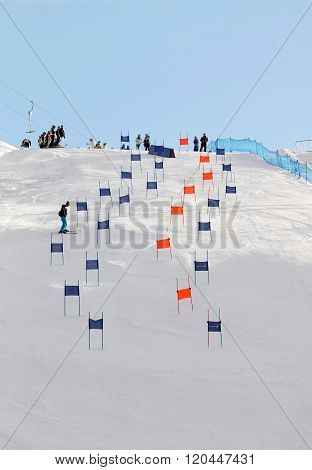 STOCKHOLM SWEDEN - FEB 23 2016: Slalom Hammarbybacken with colorful orange and blue gates at the FIS Alpine Ski World Cup - city event February 23 2016 Stockholm Sweden