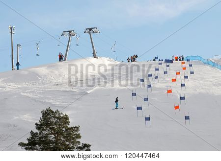 STOCKHOLM SWEDEN - FEB 23 2016: Slalom Hammarbybacken with colorful orange and blue gates at the FIS Alpine Ski World Cup - city event February 23 2016 Stockholm Sweden