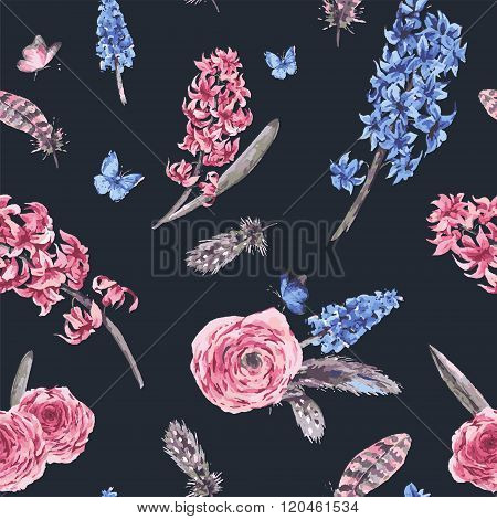 Vintage spring seamless pattern with blooming flowers bouquet