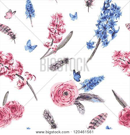 Vintage spring seamless pattern with blooming flowers bouquet