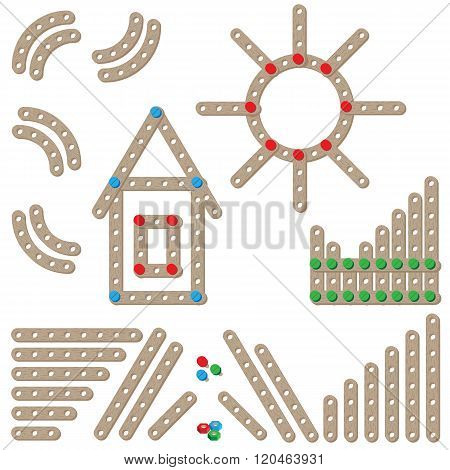 Meccano elements. Wooden constructor set