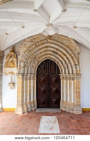 Evora, Portugal. Gothic portal in the Loios Convent used as a Historical Hotel. UNESCO World Heritage Site.