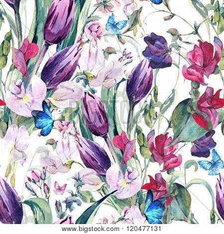Watercolor Seamless Background with Sweet Peas, Tulips