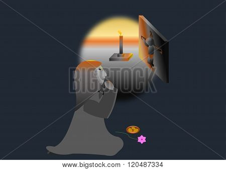 a woman prays on Easter in front of the icon, with easter eggs and flower on the floor