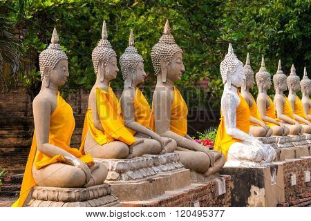 Aligned buddha statues at Wat Yai Chaimongkol Ayutthaya bangkok thailand