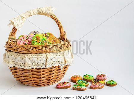 Colorful Easter cookies in a basket