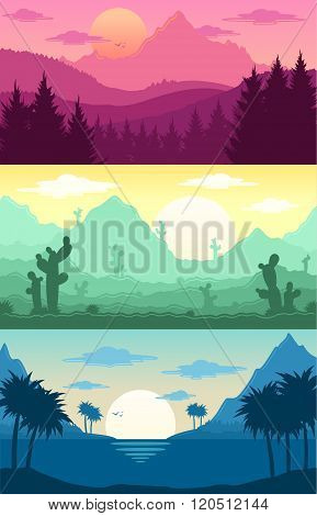 Mountains, Tropical And Desert Landscapes Vector Illustration