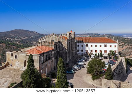 Palmela, Portugal - August 19, 2015: Capelo House, the Historical Hotel and Santiago Church, inside the Palmela Castle.