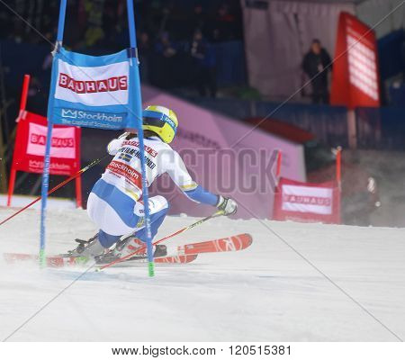 STOCKHOLM SWEDEN - FEB 23 2016: Maria Pietilae-Holmner (SWE) skiing at the FIS Alpine Ski World Cup - city event February 23 2016 Stockholm Sweden