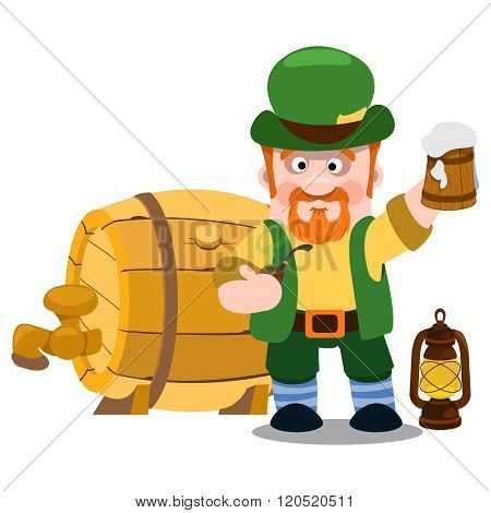 Man in the Irish pub. St. Patrick with a mug of foamy beer. The festive character in cartoon style.