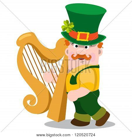 The man with the golden harp in a green suit. The festive character in cartoon style. Congratulation