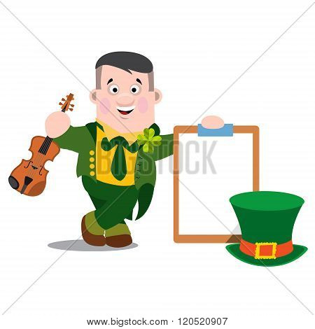 A man with a violin and a tablet in a green suit. The festive character in cartoon style. Congratula