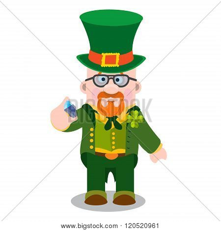 A man with a violin and a tablet in a green suit. The festive character in cartoon style. Congratula
