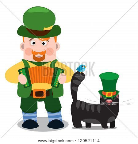 A man with an accordion and a black cat. The festive character in cartoon style. Congratulations to