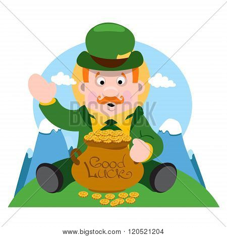 A man with a pot of gold. The festive character in cartoon style. Congratulations to the St. Patrick