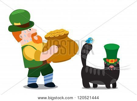 A man with a pot of gold and a black cat. The festive character in cartoon style. Congratulations to