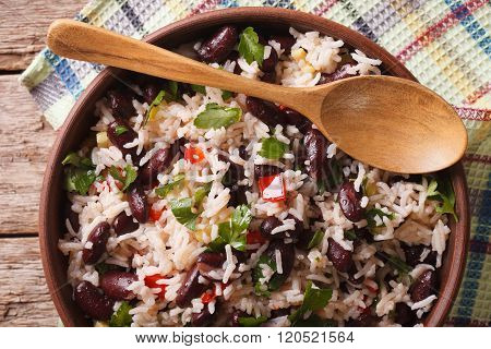 Rice With Red Beans In A Bowl Close-up On The Table. Horizontal Top View