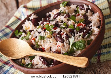 Vegetarian Food: Rice With Red Beans In A Bowl Close-up. Horizontal