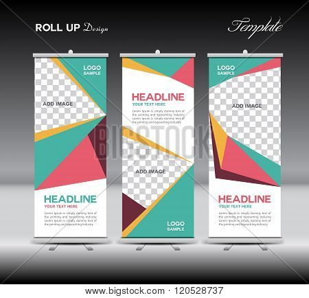Green And Pink Roll Up Banner Template Vector Illustration Polygon Background