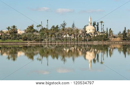 Famous Hala sultan Tekke Muslim shrine mosque located near the salt lake of Larnaca in Cyprus