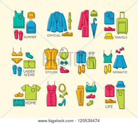 Flat Clothes Complect Icons Color