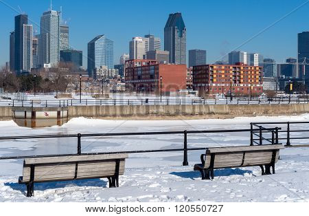 Montreal Skyline in winter from Lachine Canal.