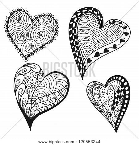 Collection decorative hand drawn hearts with ornament for Valentine Day. Doodle style. Design element for greeting card