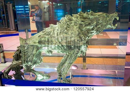 Novosibirsk, March 02, 2016: Wolf Figure In Sculpture Conquest Of Siberia, The Authors Yunus Safardi