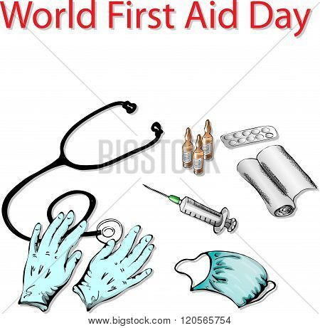 illustration for the world first aid day. Medical background mask syringe gloves stethoscope pills tablets background. Set.