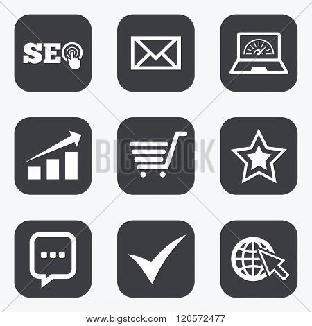 Internet, seo icons. Star, shopping signs.
