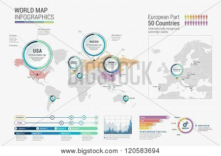 Set of infographics elements - world map pointers and diagrams templates. Vector illustration.
