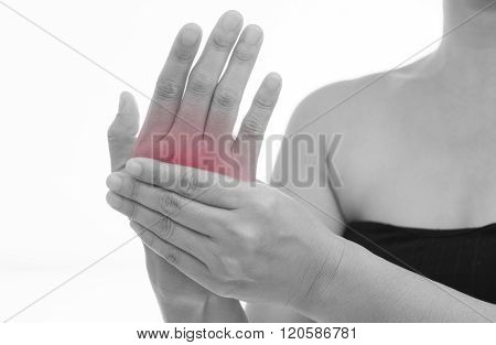 Front view of a young women hand muscle pain. Red around the pain area.