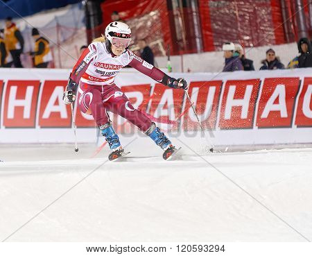 STOCKHOLM SWEDEN - FEB 23 2016: Nina Loeseth (NOR) skiing at the FIS Alpine Ski World Cup - city event February 23 2016 Stockholm Sweden
