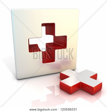 Plus sign. 3D render illustration isolated on white. Side view