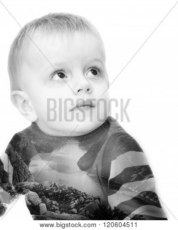 Double exposure. The boy looks up is combined with a landscape of fjords of Norway. A concept - development and a current of destiny. The black-and-white photo it is isolated on a white background